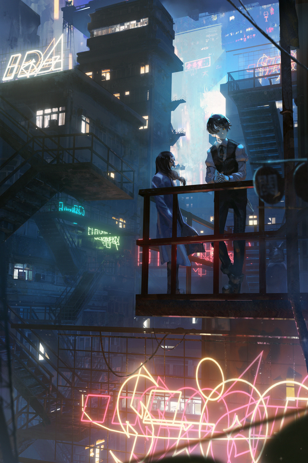 1boy, 1girl, android, betty_(va-11_hall-a), building, city, city_lights, cityscape