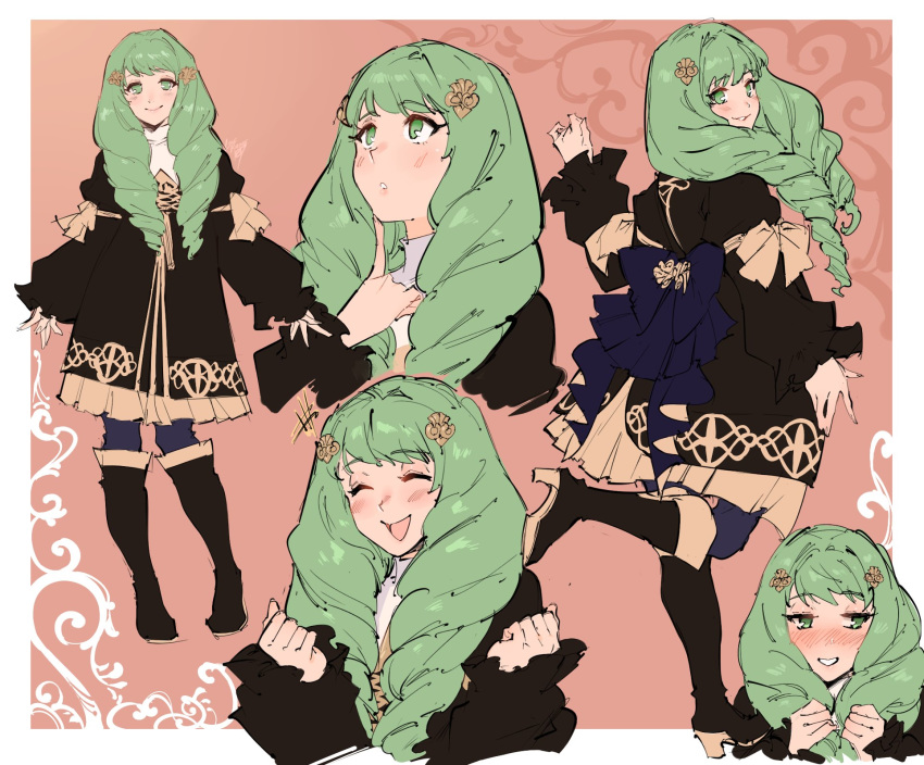 1girl, blue_legwear, blush, boots, bow, closed_eyes, closed_mouth, fire_emblem