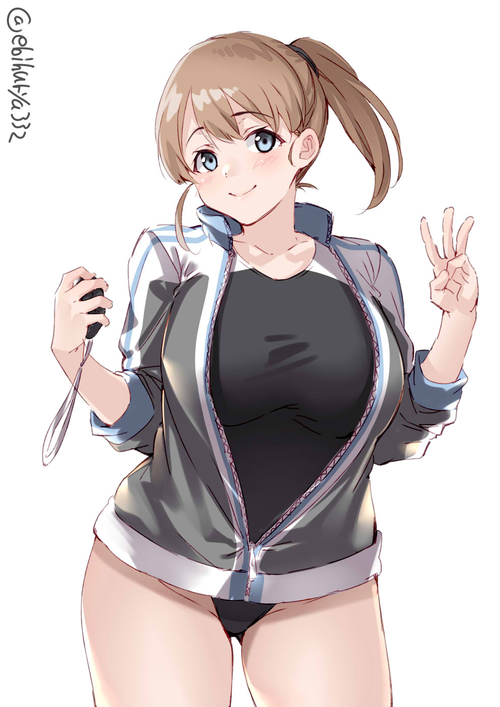 1girl, black_swimsuit, blue_eyes, blush, breasts, brown_hair, ebifurya, highres