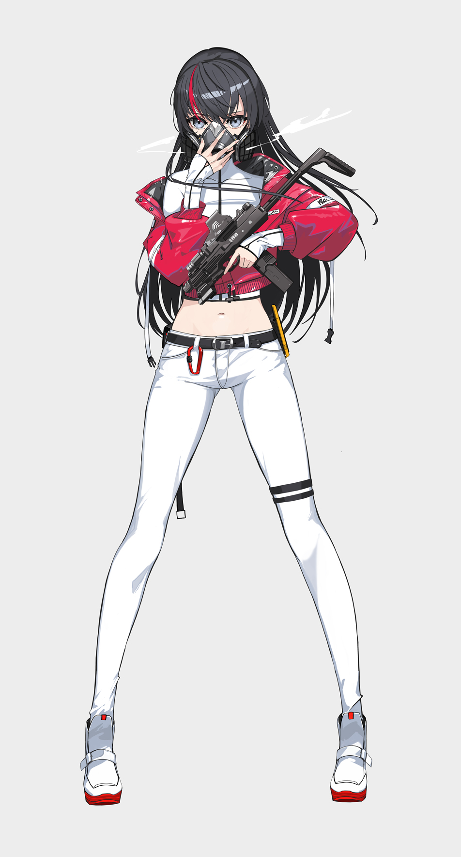 1girl, akai2930, ankle_boots, belt, black_hair, blue_eyes, boots, crop_top