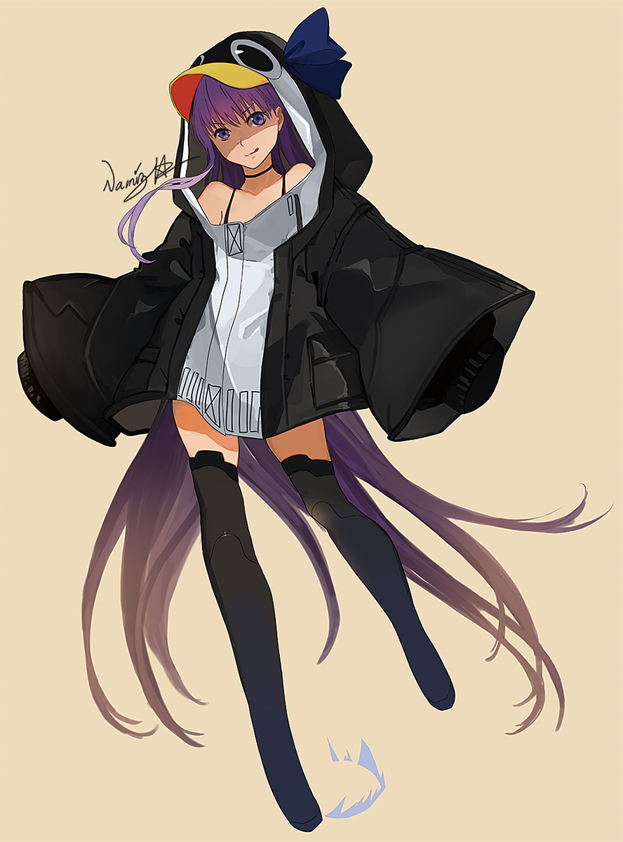 1girl, animal_hood, bangs, bare_shoulders, beige_background, black_jacket, blue_bow, blue_eyes