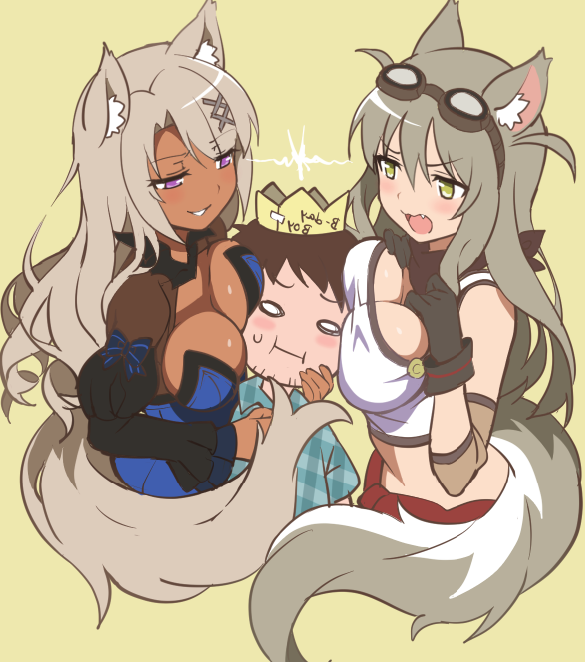1boy, 2girls, animal_ears, blue_flower, blue_rose, blush, clothes_around_waist, cross-laced_clothes