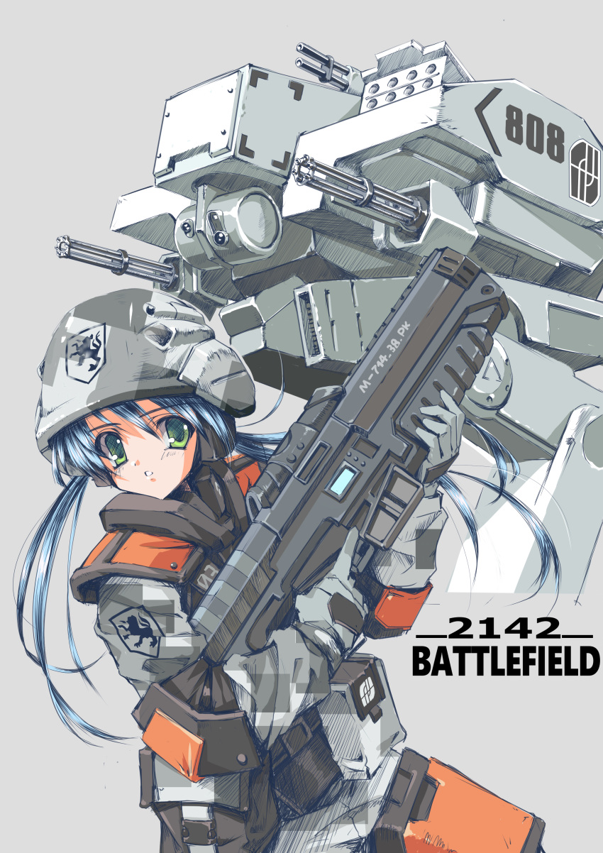 1girl, absurdres, battlefield_2142, blue_hair, commentary, english_commentary, gatling_gun, green_eyes