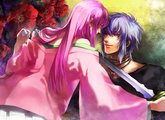 1boy, 1girl, eye_contact, glaring, grey_hair, harukanaru_toki_no_naka_de, harukanaru_toki_no_naka_de_3, hetero