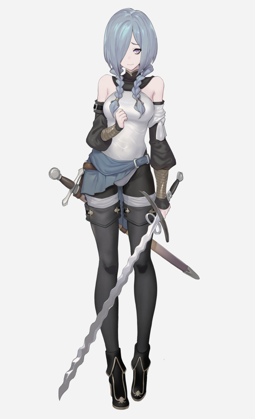 1girl, bare_shoulders, braid, detached_sleeves, flamberge, full_body, hair_over_one_eye, highres