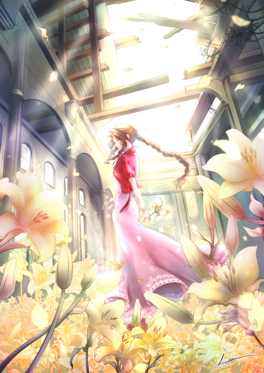 1girl, aerith_gainsborough, bow, braid, braided_ponytail, brown_hair, church, cropped_jacket