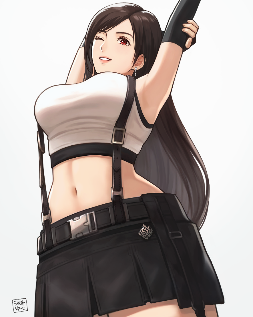 1girl, ;), black_hair, breasts, crop_top, earrings, final_fantasy, final_fantasy_vii