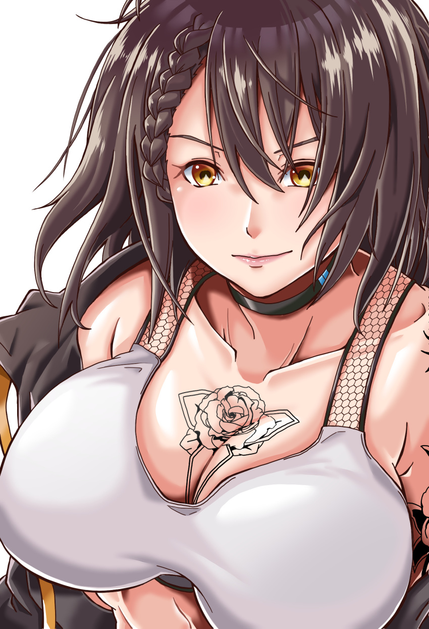 1girl, arm_tattoo, azur_lane, baltimore_(azur_lane), baltimore_(black_ace)_(azur_lane), bangs, bare_shoulders, black_jacket