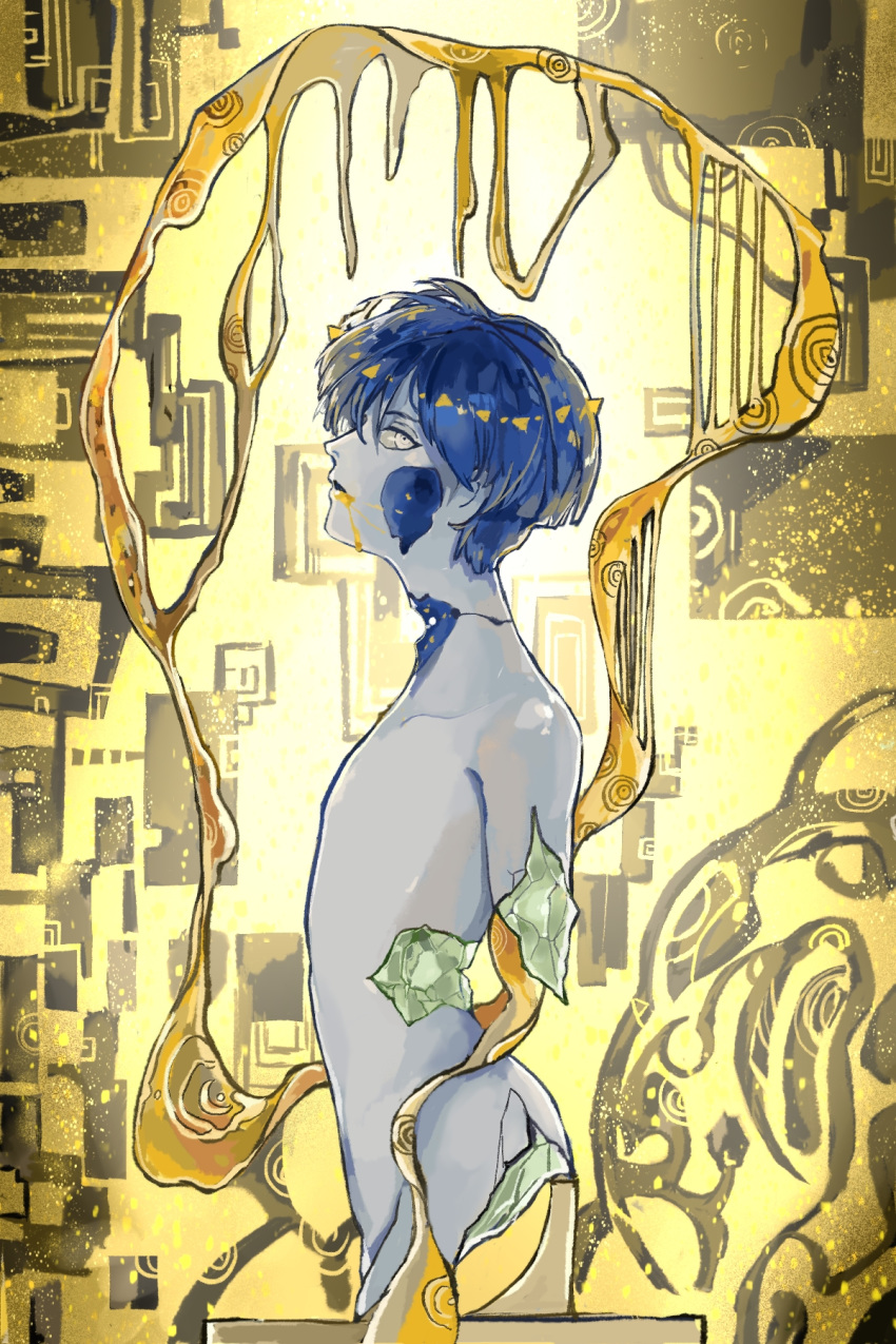 1other, amputee, androgynous, bangs, crack, dripping, from_side, grey_eyes