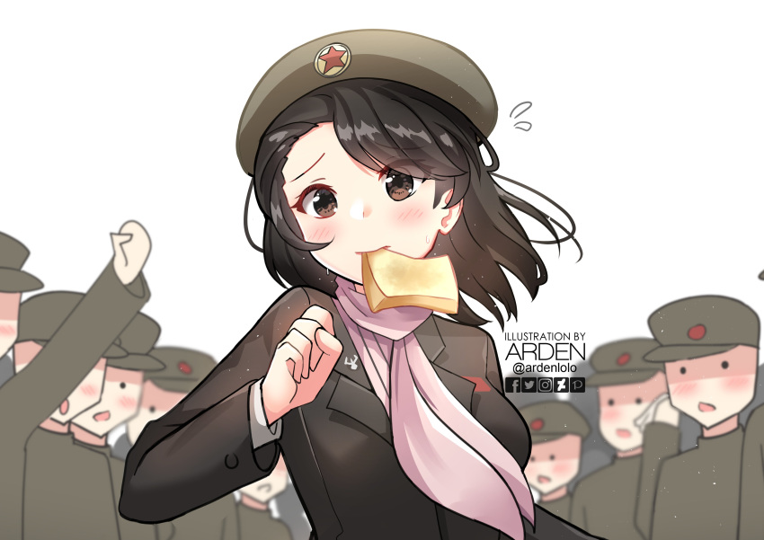 1girl, absurdres, ardenlolo, artist_name, bangs, black_hair, black_headwear, blush