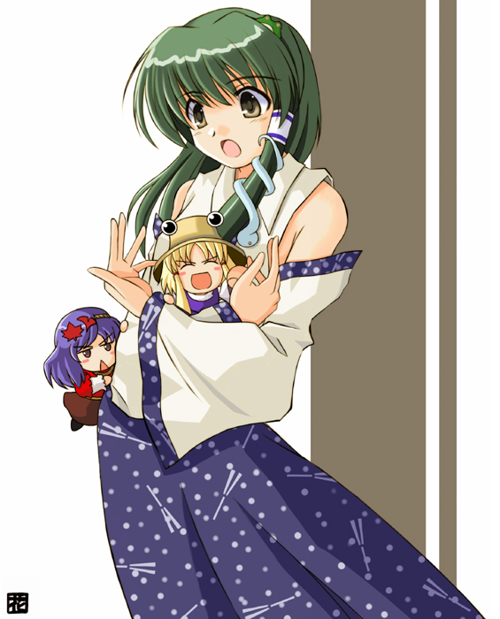 detached_sleeves, green_hair, hana_(artist), hana_(hana_mo_arashi_mo), japanese_clothes, kochiya_sanae, miko, purple_hair