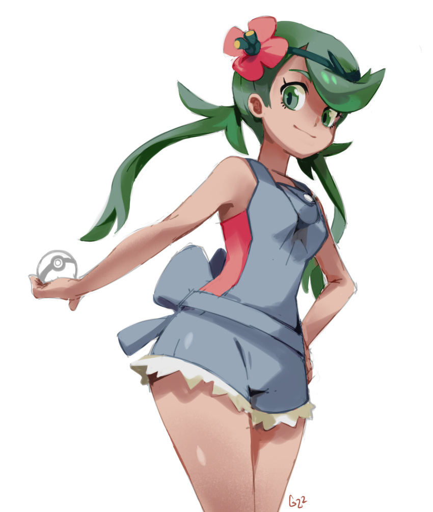 1girl, asymmetrical_bangs, bangs, breasts, closed_mouth, commentary, dark_skin, english_commentary, green_eyes, green_hair, happy, highres, holding, holding_poke_ball, long_hair, looking_at_viewer, mallow_(pokemon), pinkgermy, poke_ball, pokemon, pokemon_(game), pokemon_sm, signature, simple_background, small_breasts, smile, solo, standing, twintails, white_background