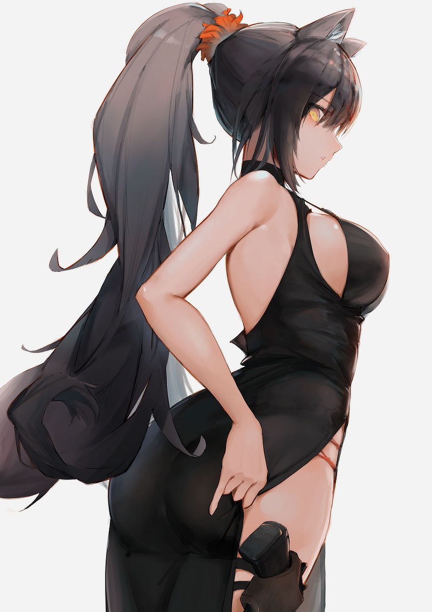 1girl, alternate_costume, animal_ears, arknights, ass, backless_dress, backless_outfit, bangs