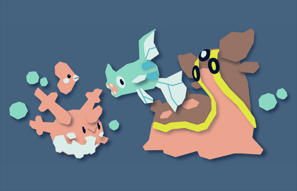._., black_eyes, blue_background, bubble, commentary, corsola, creature, english_commentary