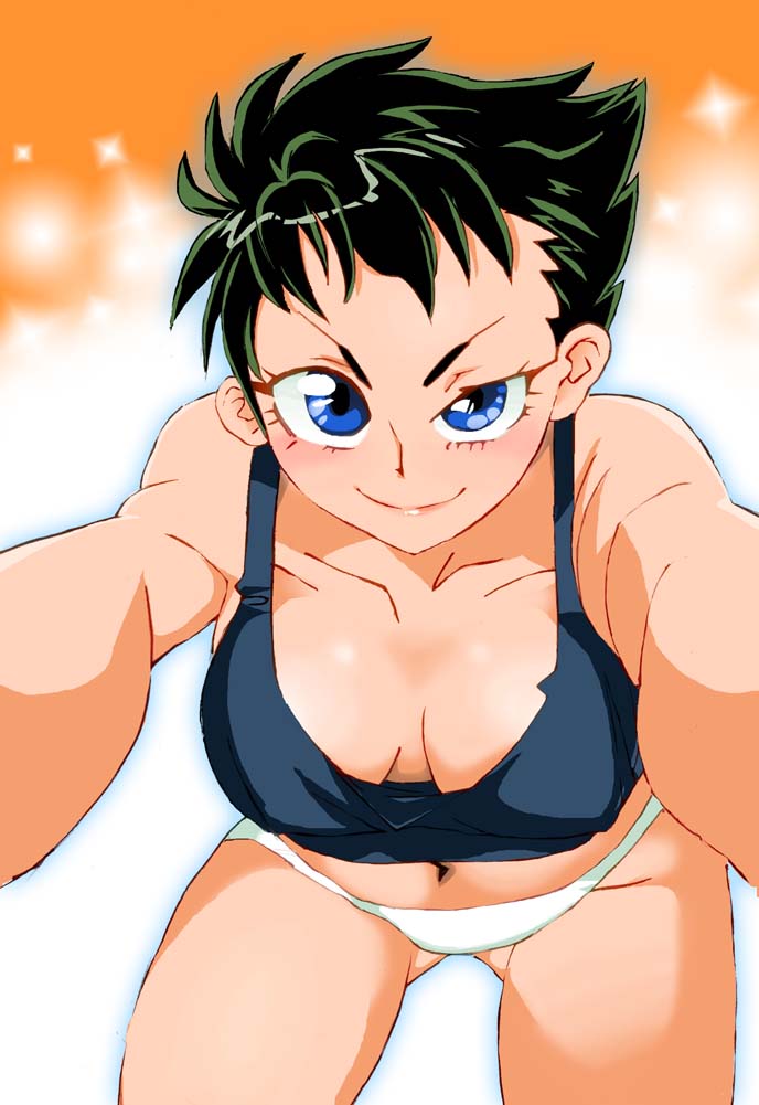 1girl, black_hair, closed_mouth, getter_robo, graphite_(medium), kei_kuruma, looking_at_viewer, millipen_(medium), onnaski, panties, shin_getter_robo, shirt, short_hair, smile, solo, super_robot_wars, traditional_media, underwear