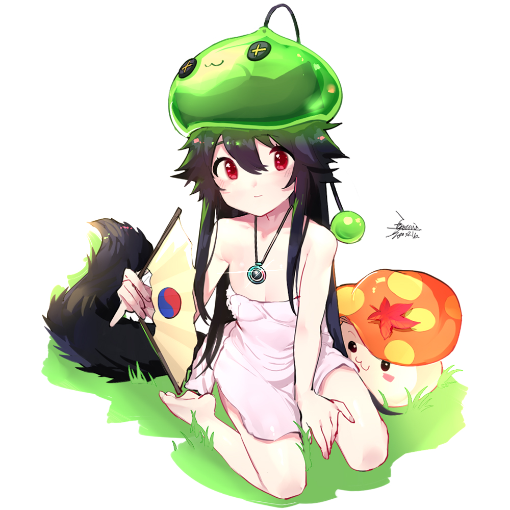 1girl, animal_ears, bare_shoulders, black_hair, blush, breasts, closed_mouth, dated, dress, ejami, ekko_(ejami), flag, fox_ears, fox_girl, fox_tail, jewelry, long_hair, looking_at_viewer, maplestory, mushroom, necklace, original, red_eyes, signature, slime_(maplestory), small_breasts, smile, tail, white_background