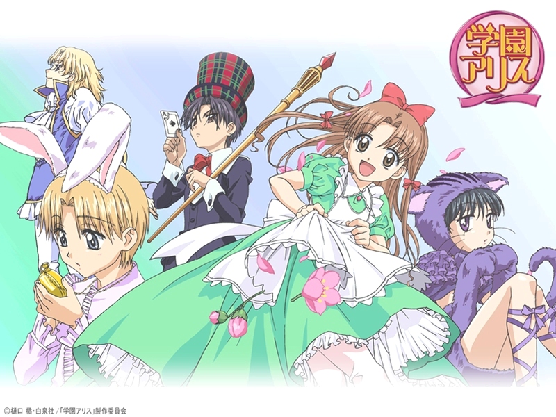 800x600, animal_ears, brown_eyes, brown_hair, bunny_ears, card, cat_ears, cheshire_cat, dress, flower, frills, gakuen_alice, hat, holding, holding_card, hyuuga_natsume, imai_hotaru, mad_hatter, narumi_(gakuen_alice), nogi_ruka, pantyhose, petals, pocket_watch, rabbit_ears, sakura_mikan, sakura_mikan_(gakuen_alice), staff, top_hat, wallpaper, watch, white_legwear, white_pantyhose, white_rabbit