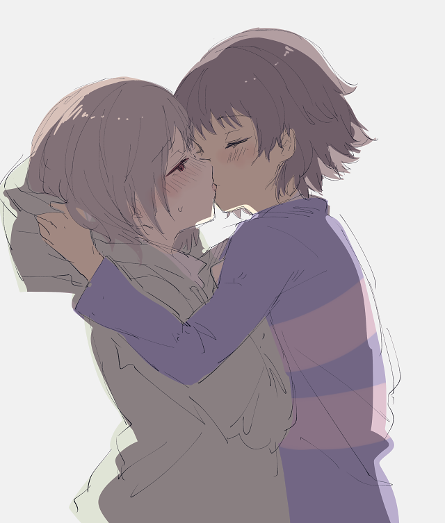2others, 8-4, androgynous, blush, brown_hair, chara_(undertale), closed_eyes, frisk_(undertale), hood, hoodie, kiss, multiple_others, oshiruko_(tsume), shirt, short_hair, simple_background, sketch, striped, striped_shirt, striped_sweater, sweater, toby_fox_(publisher), underswap, undertale
