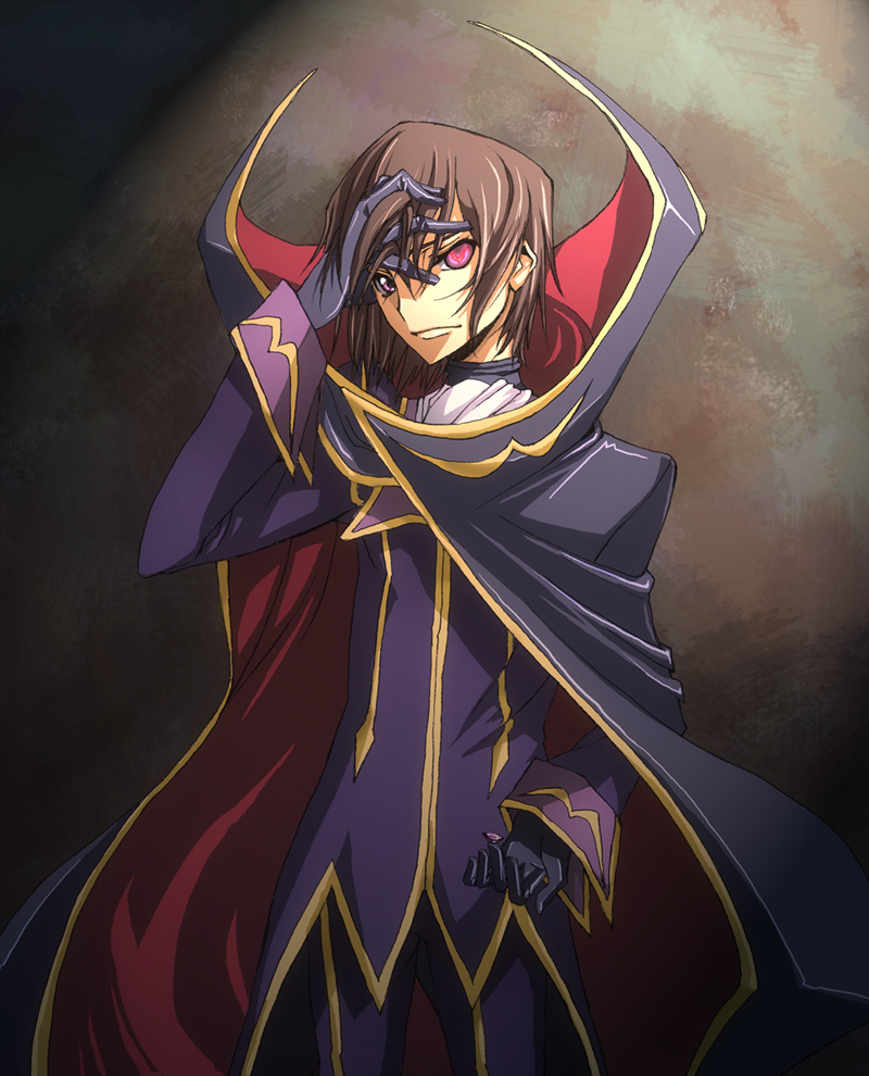 body_suit, brown_hair, cloak, code_geass, geass, gloves, lelouch_lamperouge, male, red_eyes, zero_(code_geass)