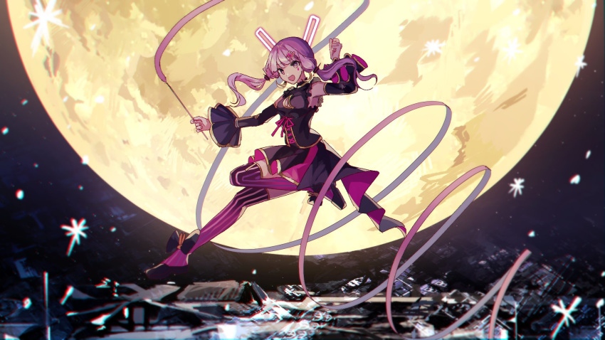 1girl, black_shirt, black_skirt, black_sleeves, blurry, blurry_background, commentary, crescent_cutout
