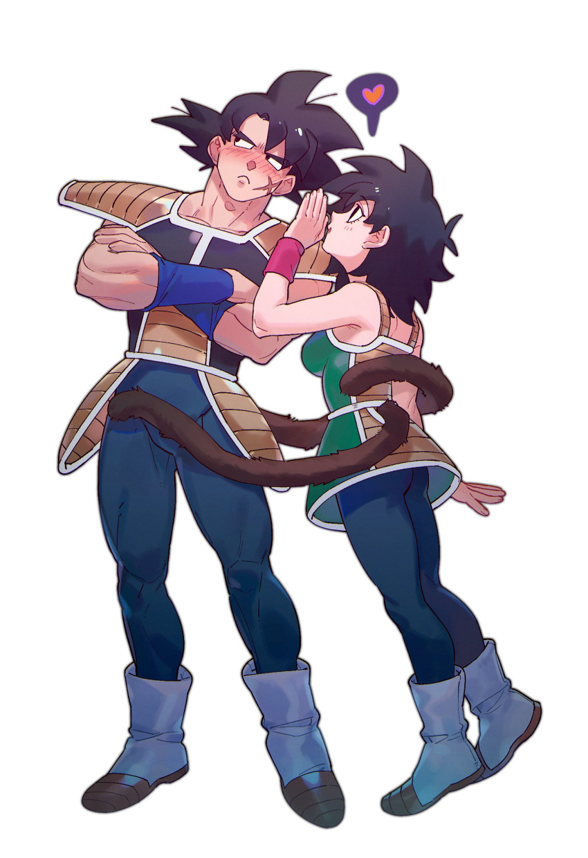 1boy, 1girl, :<, :o, arm_at_side, armor, ass, bardock