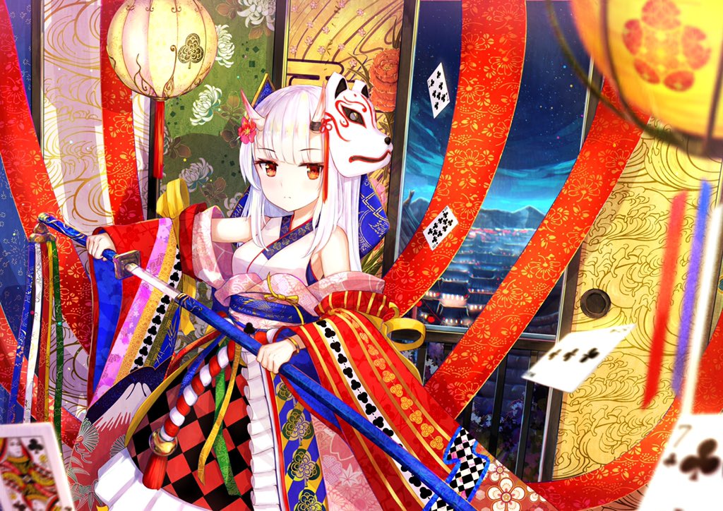 1girl, alphatitus, card, dress, fox_mask, frilled_dress, frills, hololive