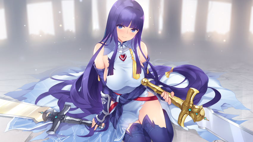 1girl, alondite, altina, arm_guards, bangs, blue_eyes, breasts, cait