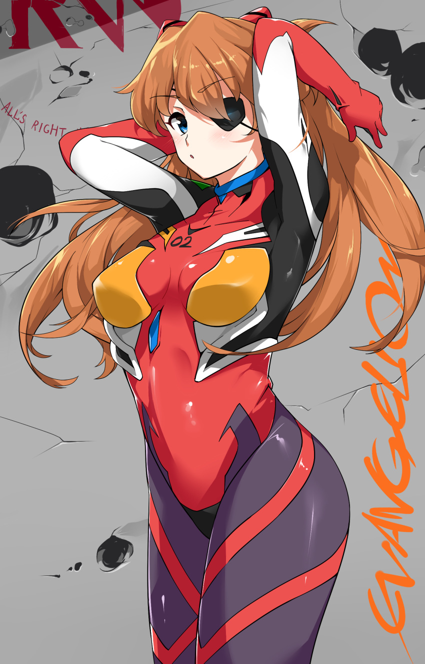 1girl, absurdres, aoi_renji, blue_eyes, bodysuit, brown_hair, commentary_request, copyright_name, cowboy_shot, eyebrows_visible_through_hair, eyepatch, highres, long_hair, looking_at_viewer, neon_genesis_evangelion, plugsuit, rebuild_of_evangelion, red_bodysuit, shikinami_asuka_langley, solo, souryuu_asuka_langley, test_plugsuit, two_side_up