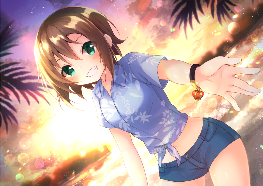 1girl, bangs, beach, blue_shirt, blue_shorts, blurry, blurry_background, blush