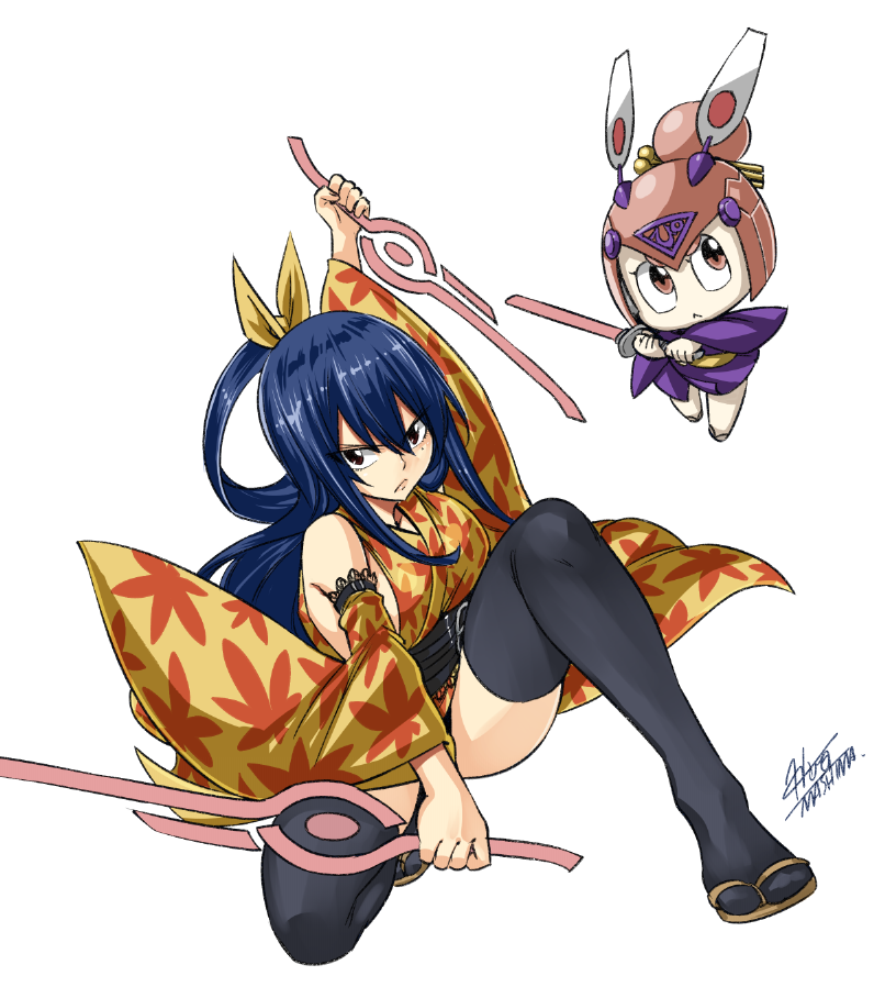 1girl, bangs, black_legwear, blue_hair, bow, detached_sleeves, dual_wielding, eden's_zero
