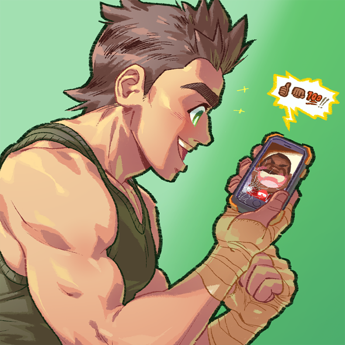 2boys, black_shirt, broken_screen, brown_hair, cellphone, doc_louis, green_background, green_eyes