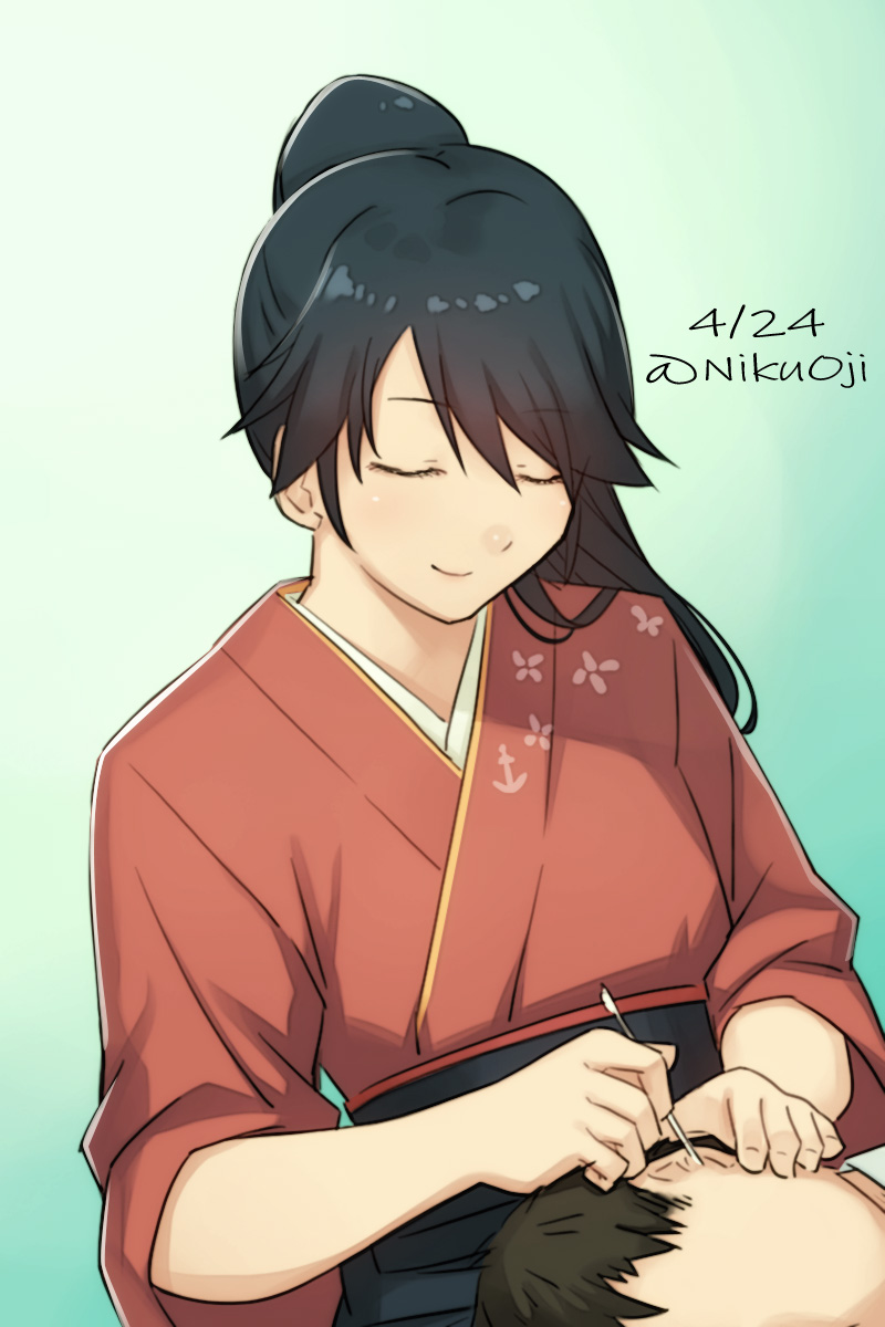 1boy, 1girl, admiral_(kantai_collection), blue_background, blue_hair, closed_eyes, cotton_swab, dated