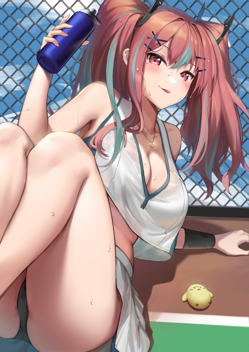 1girl, absurdres, aqua_hair, azur_lane, bangs, bare_shoulders, black_panties, blush, bottle, breasts, bremerton_(azur_lane), bremerton_(scorching-hot_training)_(azur_lane), chain-link_fence, crop_top, crop_top_overhang, eyebrows_visible_through_hair, fence, hair_between_eyes, hair_ornament, hairclip, heart, heart_necklace, highres, holding, holding_bottle, kitk_qun, large_breasts, long_hair, looking_at_viewer, manjuu_(azur_lane), multicolored_hair, panties, pink_eyes, pink_hair, shirt, sleeveless, sleeveless_shirt, sportswear, streaked_hair, sweat, sweatdrop, tennis_court, tennis_uniform, thighs, tongue, tongue_out, twintails, two-tone_shirt, two-tone_skirt, underwear, water_bottle, x_hair_ornament