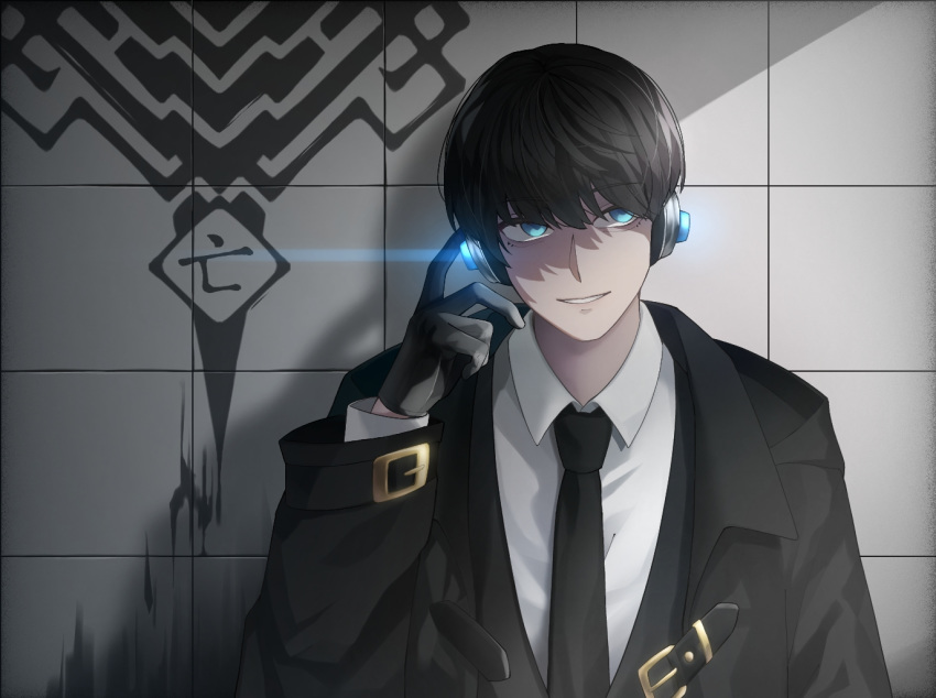 1other, ambiguous_gender, atamano, black_hair, black_neckwear, blue_eyes, dress_shirt, humagear_headphones