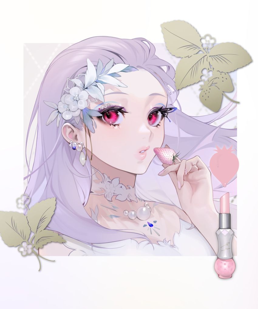 1girl, collarbone, dress, face, flower, food, food_print, fruit