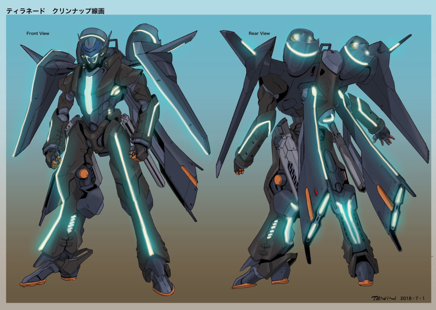 clenched_hand, concept_art, from_behind, gradient, highres, joints, lights, looking_down