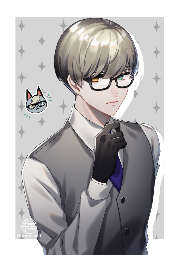 1boy, animal_ears, artist_name, bangs, black_gloves, blue_neckwear, brown_eyes, cat, cat_ears, doubutsu_no_mori, glasses, gloves, green_eyes, grey_sweater, jack_(doubutsu_no_mori), long_sleeves, looking_at_viewer, multiple_views, necktie, personification, shirt, short_hair, sweater, umemiya618, white_shirt