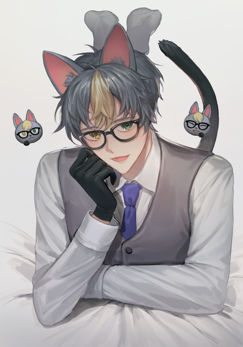 1boy, animal_ears, bangs, black_gloves, blonde_hair, blue_neckwear, cat, cat_ears