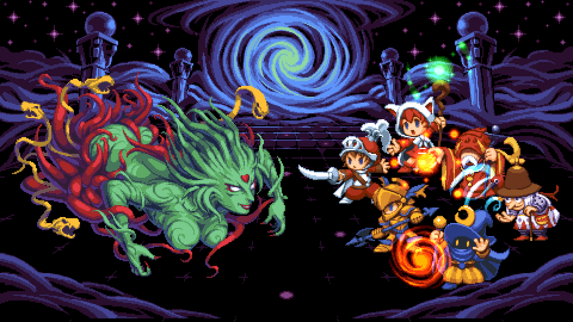 battle, black_mage, casting_spell, column, dragoon_(final_fantasy), everyone, fighting_stance, final_fantasy
