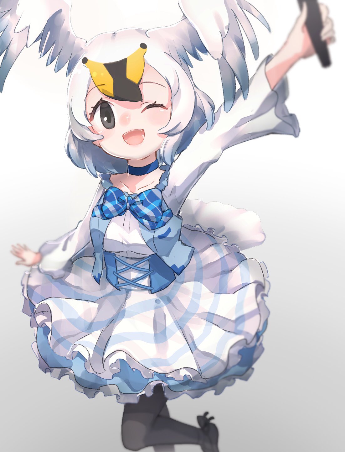 1girl, bird_tail, bird_wings, black_hair, black_legwear, blonde_hair, blue_corset, blue_frills