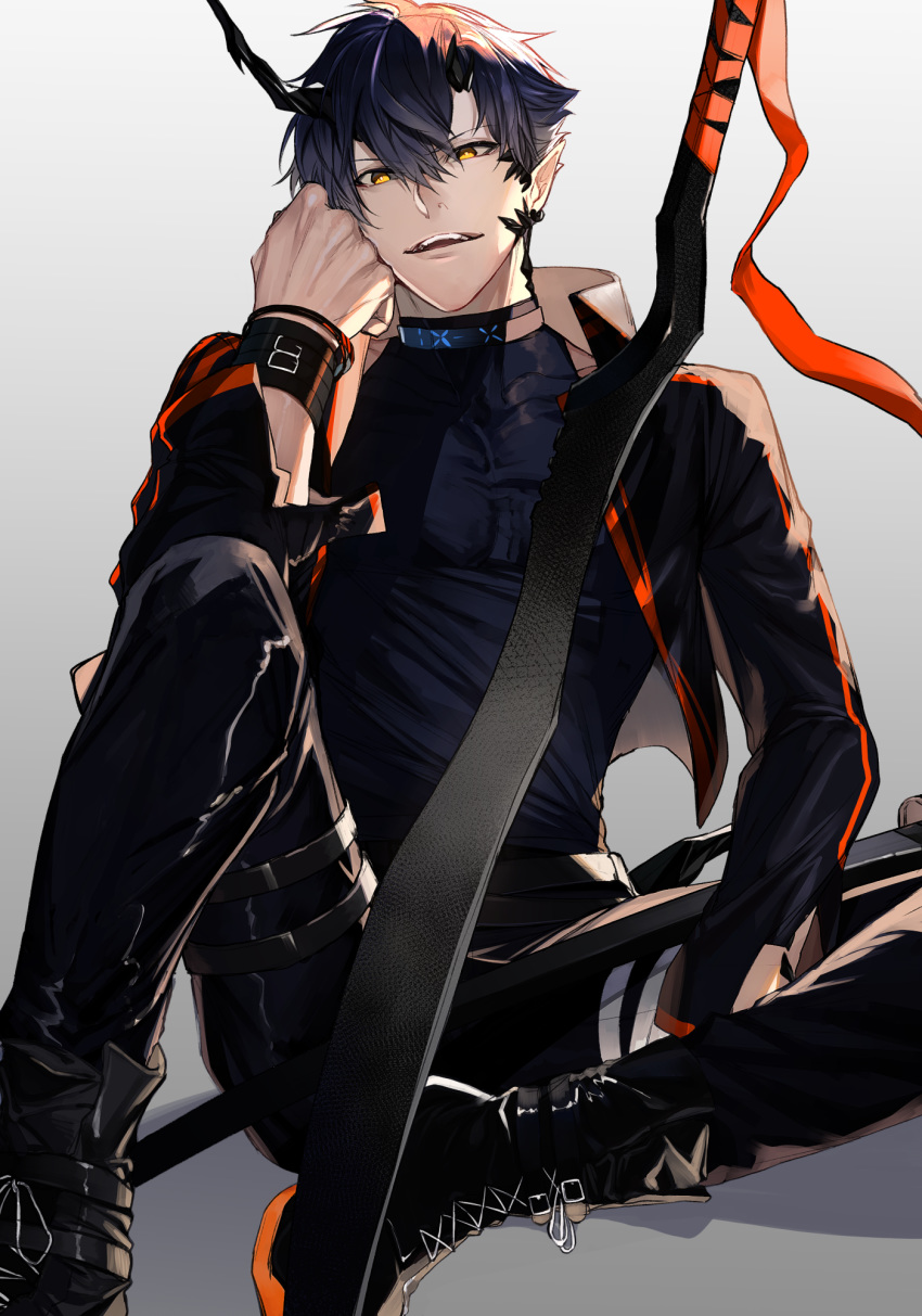 1boy, ankle_boots, arknights, bangs, blue_hair, boots, chin_rest, dragon_horns, earrings, flamebringer_(arknights), full_body, gradient, gradient_background, hair_between_eyes, highres, horns, jacket, jewelry, looking_at_viewer, male_focus, open_clothes, open_jacket, open_mouth, pants, pointy_ears, simple_background, sitting, smile, solo, sword, tsunami_(sorudora), turtleneck, upper_teeth, weapon, yellow_eyes