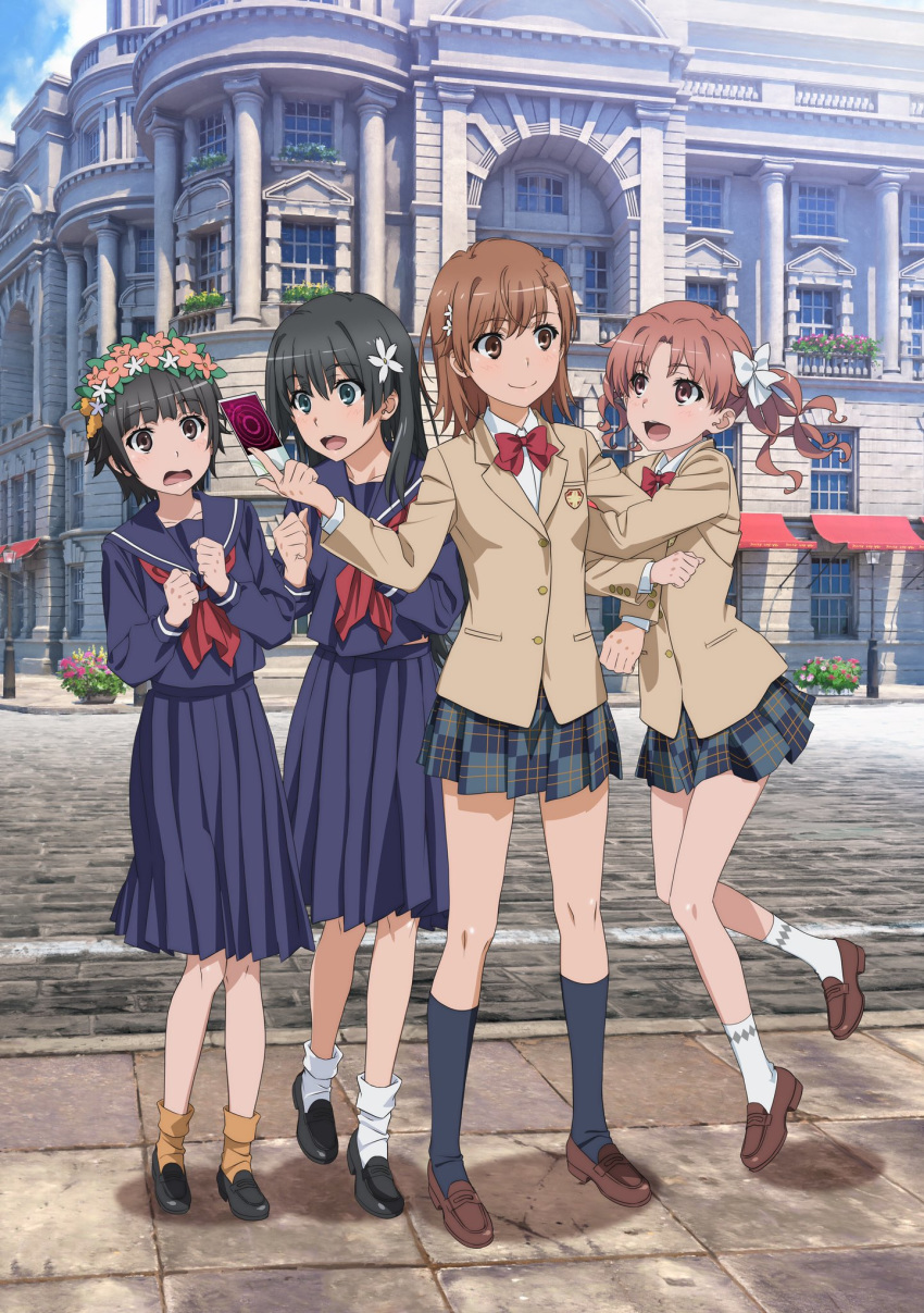 4girls, arm_hug, artist_request, black_footwear, black_hair, black_legwear, blazer, blue_sailor_collar
