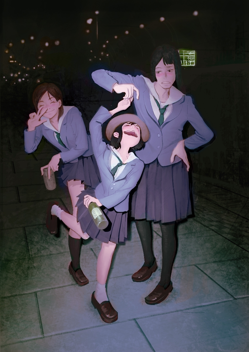 >_<, 3girls, asakusa_midori, asymmetrical_bangs, bangs, black_hair, black_legwear, blazer, brown_hair, bucket_hat, closed_eyes, drunk, eizouken_ni_wa_te_wo_dasu_na!, full_body, hat, jacket, kanamori_sayaka, lajurcookie, long_hair, mizusaki_tsubame, multiple_girls, navy_blue_skirt, open_mouth, pantyhose, school_uniform, short_hair, w, wavy_mouth