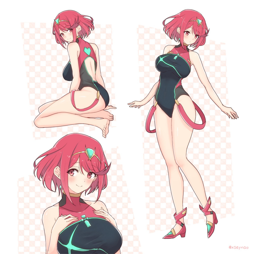 1girl, bangs, bare_arms, bare_legs, barefoot, black_swimsuit, blush, breasts