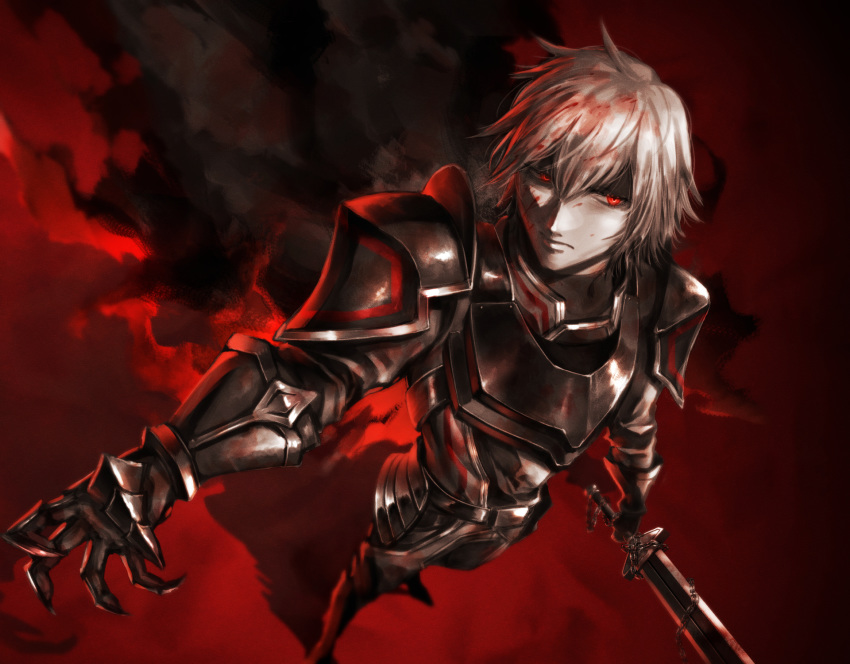 14sai14row, 1boy, armor, black_cape, blood, blood_on_face, bloody_hair, breastplate