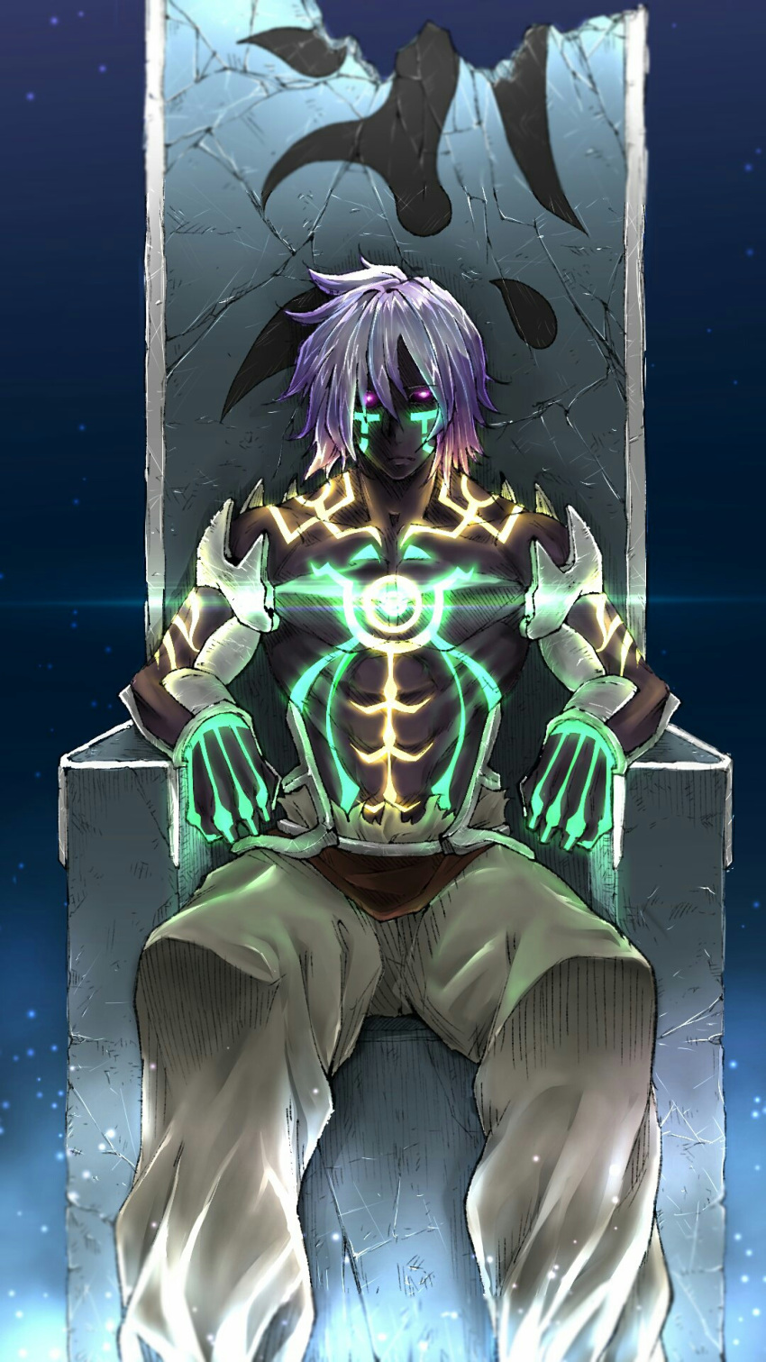 14sai14row, 1boy, body_markings, broken, closed_fan, collarbone, copyright_request, crack