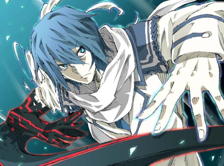 14sai14row, 1boy, blade, blue_eyes, blue_hair, blue_neckwear, closed_mouth, dies_irae