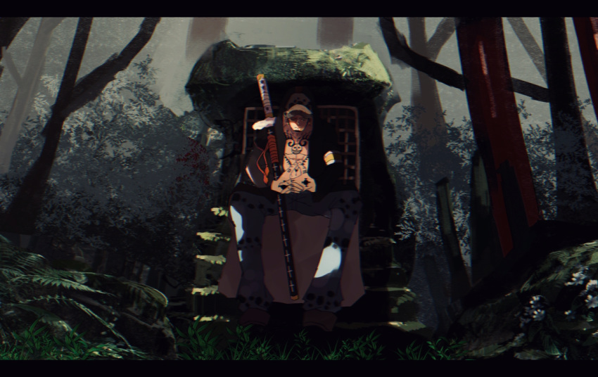 1boy, black_hair, blue_pants, closed_mouth, coat, facial_hair, forest, full_body