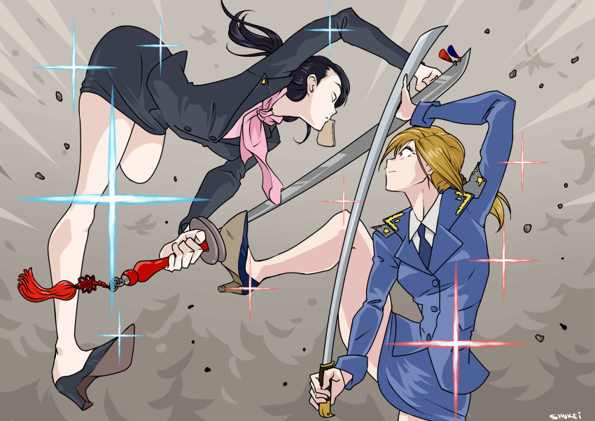 2girls, absurdres, arm_up, battle, black_eyes, black_footwear, black_hair, blonde_hair