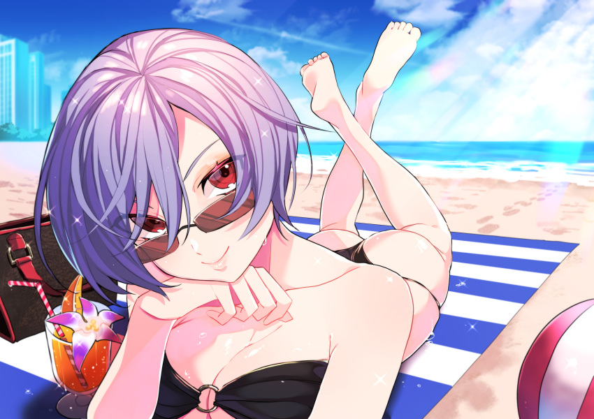 1girl, absurdres, bag, ball, bangs, beach, beach_umbrella, beachball